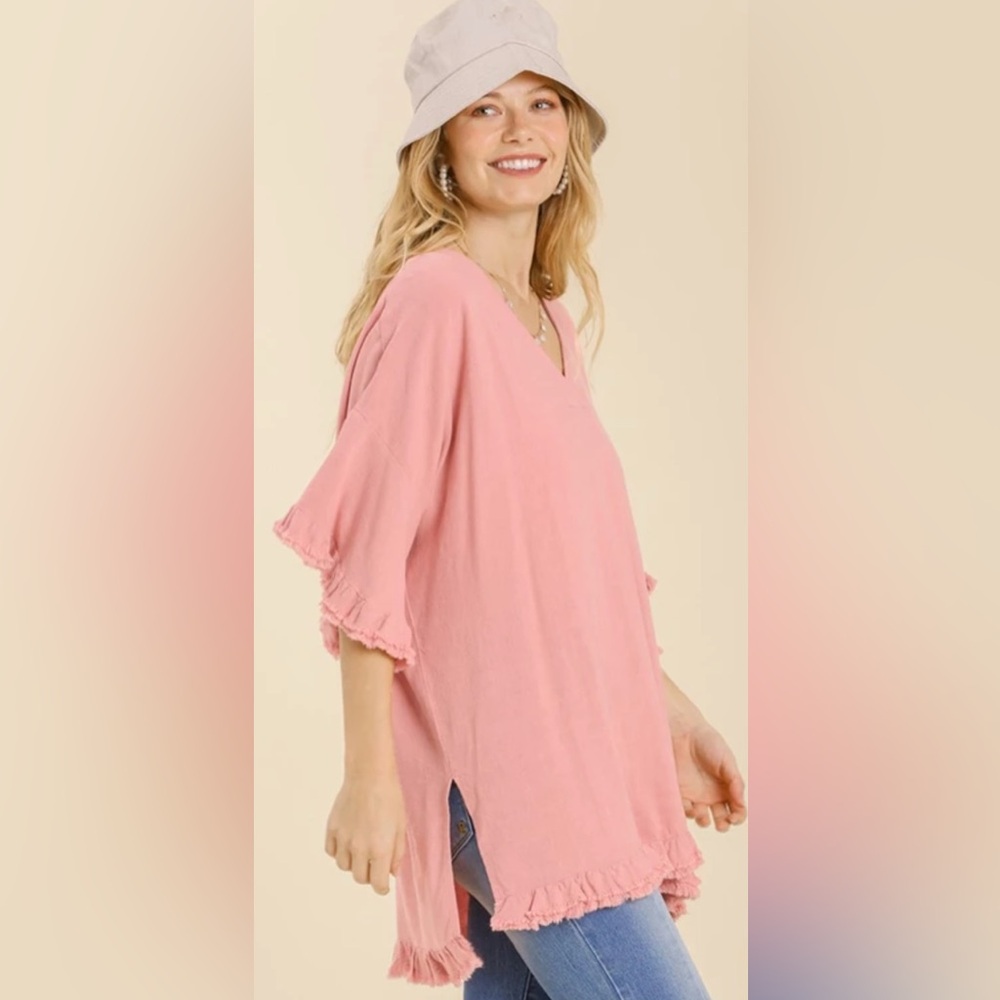 Umgee Pink V-Neck Ruffle Tunic Top